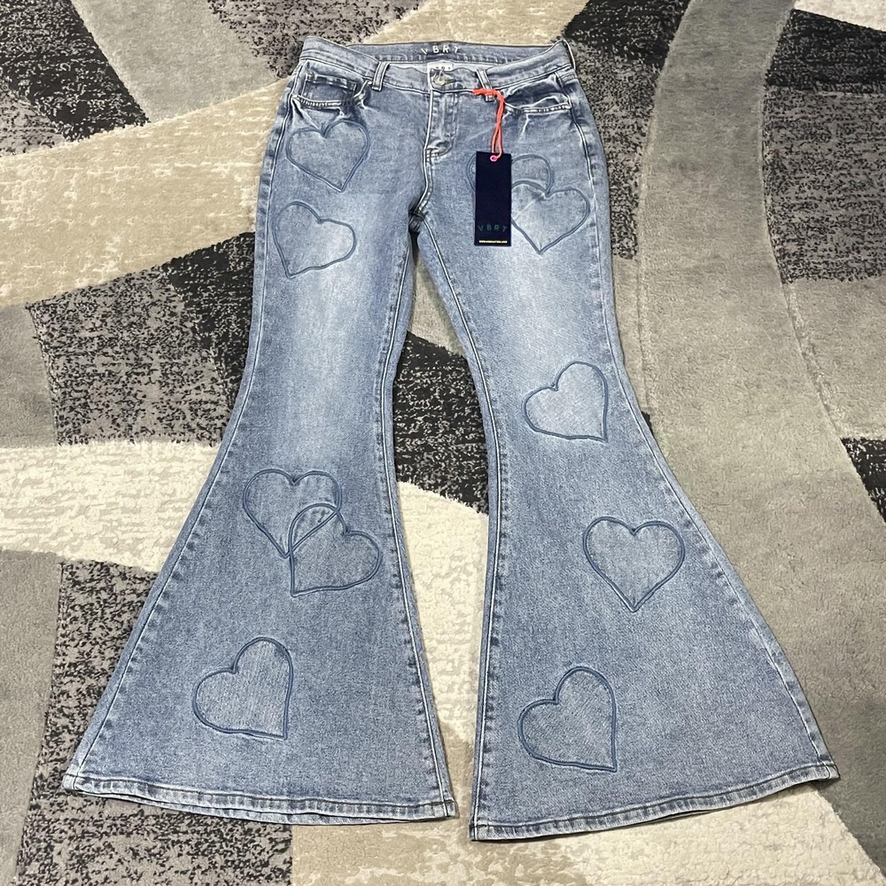 VBRT Jeans Womens 9 W28 Blue Flare Wide Leg Heart Patch Denim Bell Bottom Hippie